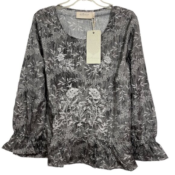 LA BELLUM HILLARY SCOTT Floral Ruffled Top Women's XL Grey Embroidered Scoop NWT - Picture 2 of 15